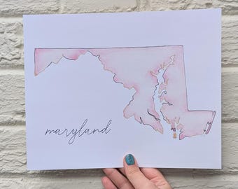 Maryland State Watercolor Print | Maryland Art | Frameable State Art | Maryland Gift | Maryland Watercolor Illustration | Decor