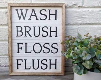 Bathroom Wood Wall Decor 'Wash Brush Floss Flush' Sign | Bathroom Decor | Guest Bathroom Sign | White washed farmhouse wood decor