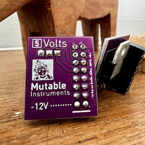 May include: A purple circuit board with the text "5 Volts", "Mutable Instruments", and "-12V" printed on it. The board has a small image of a woman with a crown on her head. The board has a row of small silver circles along the right side.