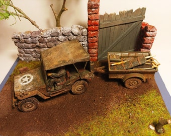 WWII Willy's Jeep + trailer 1/35 scale pro built, paint&weathered model with stand