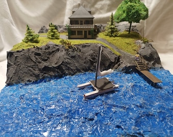 N scale unique seaside diorama with working lights.