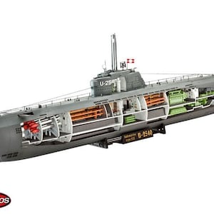 May include: A detailed cutaway model of a German U-boat, the U-2540, with the interior exposed, showing the torpedoes, engines, and other components. The model is painted in a gray color scheme with red and orange accents.