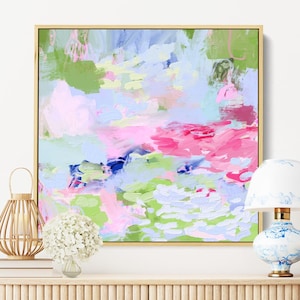 Abstract Wall Art, Pink Blue Green Abstract Painting, Preppy Wall Decor, Large Framed Canvas Wall Decor, Grand Millennial Art Print