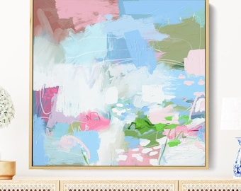 Blue Pink Abstract Canvas Print: Coastal Wall Art