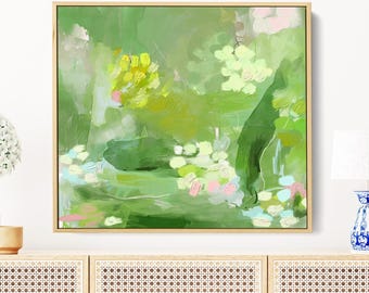 Hydrangea Abstract Painting: Green Floral Canvas Wall Art