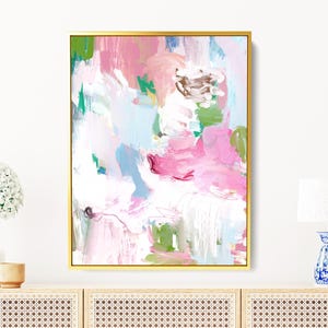 Pink Abstract Painting, Framed Wall Art, Pink Blue Painting on Canvas, Abstract Oil Painting, Grandmillennial Wall Decor, Preppy Painting