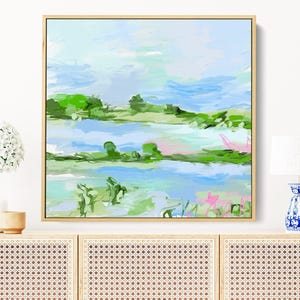 Large Framed Coastal Landscape Painting, Canvas Wall Art, Abstract Art Print, Grandmillennial Wall Art, Fine Art Print, Blue Coastal Art
