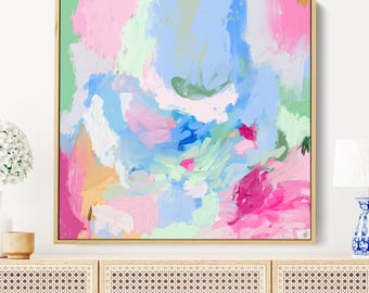 Colorful Abstract Painting, Pretty Blue Pink Abstract Art, Chinoiserie Fine Art on Canvas, Oversized Wall Art, Blue Abstract Art Print
