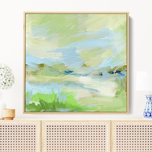 Pintura abstracta de paisaje costero: lienzo enmarcado en verde y azul