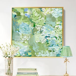 Hydrangea Impressionist Painting: Blue Green Floral Canvas Wall Art