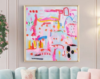 Arte de pared abstracto pastel / Pintura acrílica sobre lienzo / Impresión abstracta rosa hecha a mano / Pintura original grande / Impresión de arte divertido rosa