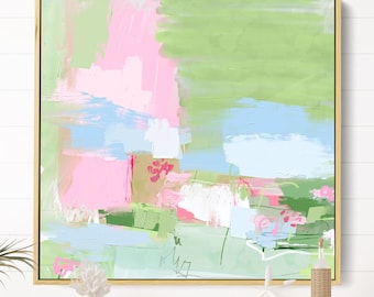 Green & Pink Abstract Floral Painting: Grandmillennial Wall Art