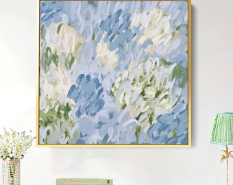 Lámina de arte abstracto de hortensias azul verdosas / Lienzo grande enmarcado para decoración de pared