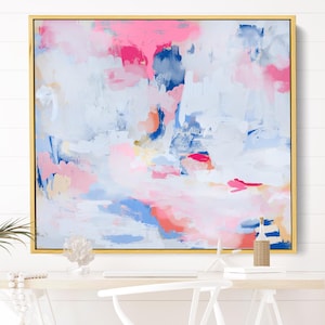 Bright Preppy Abstract Painting, Colorful Extra Large Wall Art, Light Pink and Blue Print, Grand Millennial Wall Art