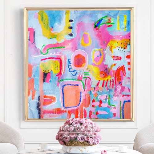 Pink Original Print Abstract Canvas Painting Colorful Fun Etsy