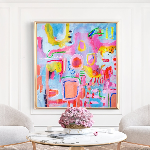 Pink Original Print | Abstract Canvas Painting | Colorful Fun Light Modern Wall Art |