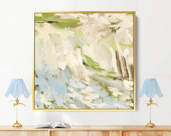 Große neutrale abstrakte Kunst: Beige & Blau Coastal Grand Millennial Impressionist Kunstdruck