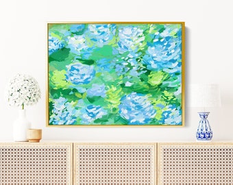 Green Hydrangea Abstract Painting: Coastal Floral Canvas Art Print