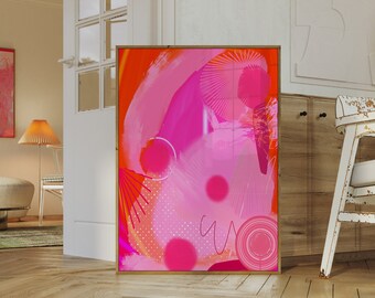 Vibrant Pink Abstract Painting, Circles Abstract Painting, Maximalist Wall Art, Colorful Wall Art, Large Eclectic Wall Art, Eclectic Print