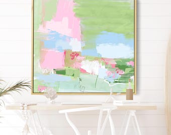 Grandmillennial Abstract Painting, Green Pink Wall Art, Preppy Colorful Wall Decor, Large Abstract Art Print, Southern Home Decor