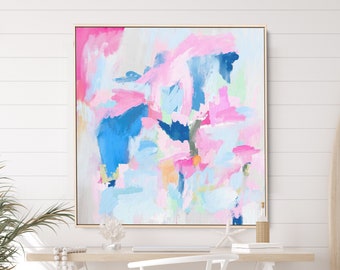 Blue and Pink Wall Art, Preppy Colorful Abstract Painting, Girly Light Pink Framed Canvas, Bright Light Blue Art Print, Aesthetic Wall Art