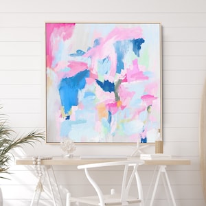 Abstrakte Malerei: Blau, Pink, & Weiß gerahmte Leinwand Kunst