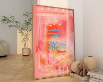 Peach Colorful Painting, Cute Abstract Painting on Canvas, Pink and Beige Wall Art, Large Eclectic Wall Art, Eclectic Art Print