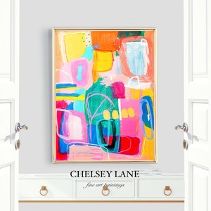 Bright Colorful Abstract Print | Large Playful Canvas Print | Yellow and Pink Hue Modern Wall Art | Vertical Painting on Canvas Print