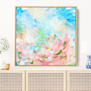 Bunter Hortensien Druck, rosa blauer Grandmillennial Druck auf gerahmter Leinwand, Hortensien botanische Wandkunst, übergroße Wandkunst, abstrakte Kunst