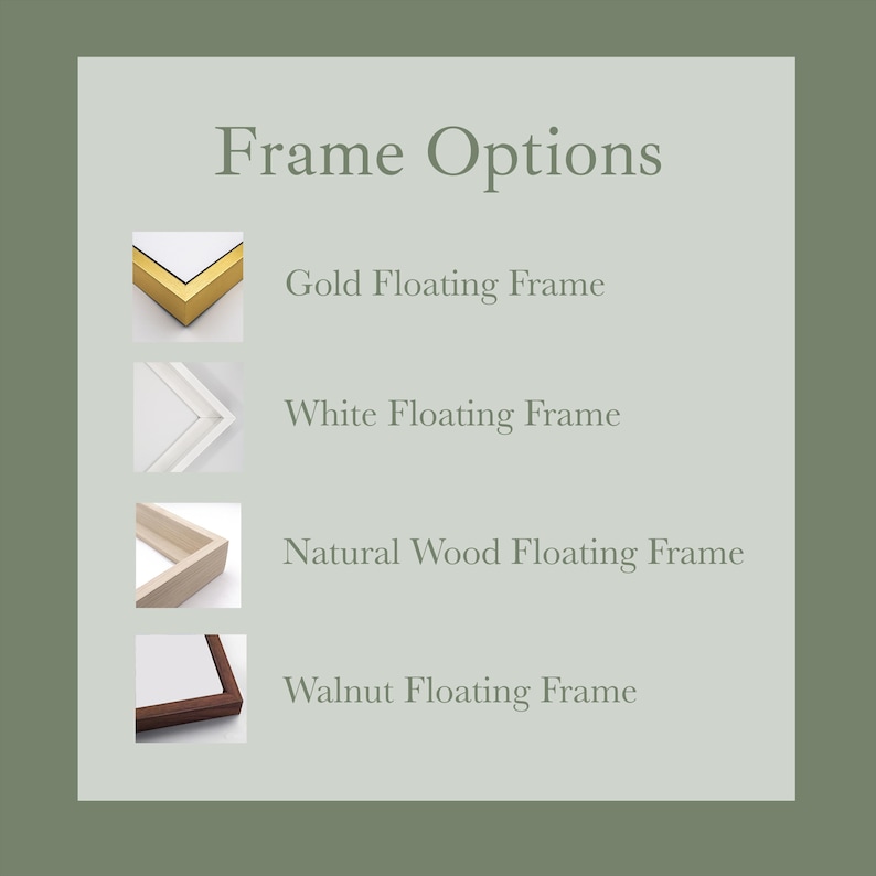 May include: Image showing frame options: Gold, White, Natural Wood, and Walnut Floating Frames. The text "Frame Options" is at the top. Each frame option is shown with a small image and a description.