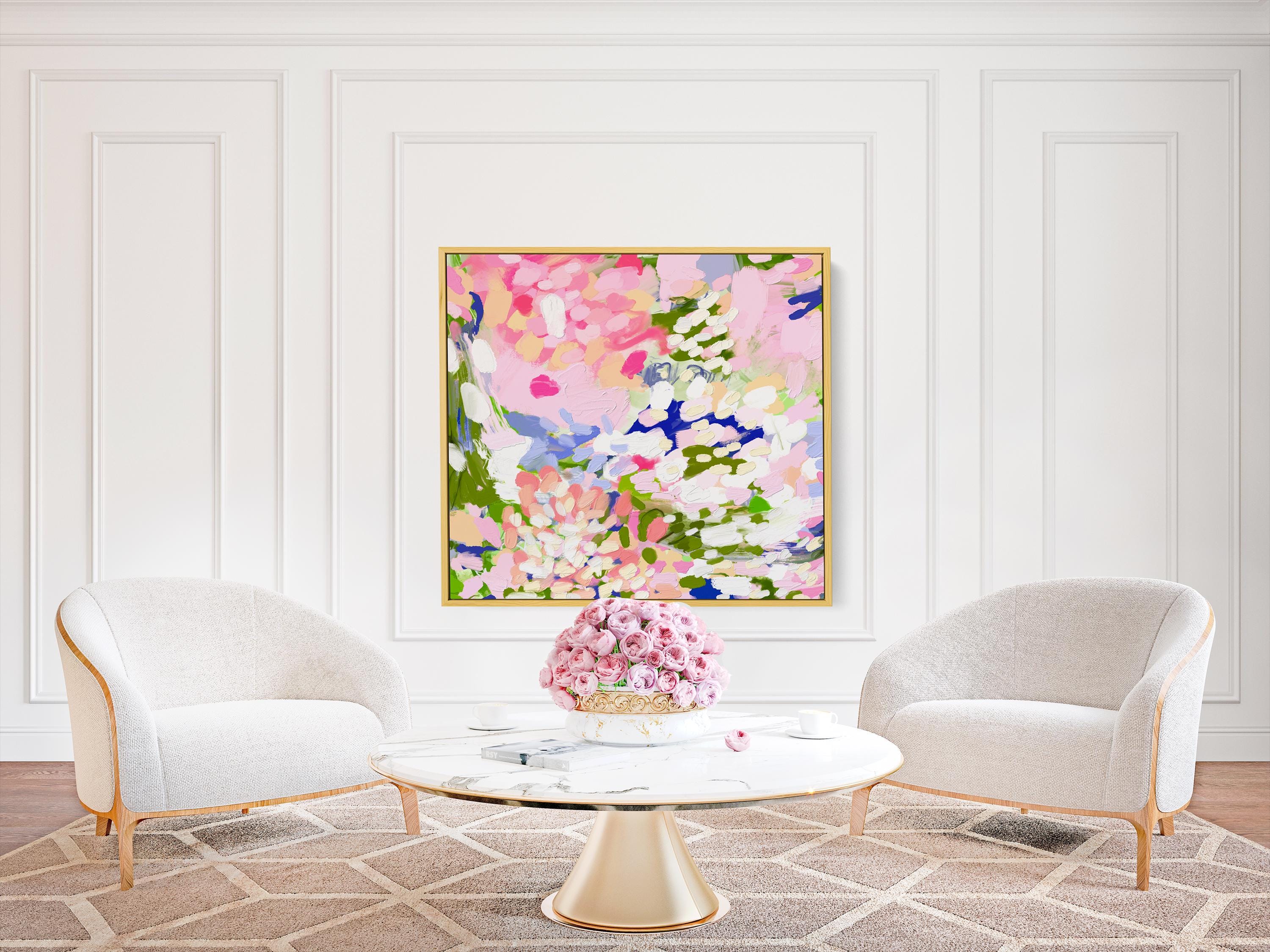 Floral Wall Art, Grandmillenial Wall Art, Pink Green Abstract Print, Extra Large Canvas Framed Wall Art, Pink Hydrangea Abstract Wall Art