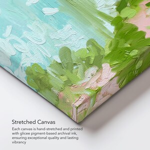 May include: Close-up of a stretched canvas painting with abstract brushstrokes in shades of green, pink, and blue. The canvas is hand-stretched and printed with archival ink, ensuring exceptional quality and lasting vibrancy.