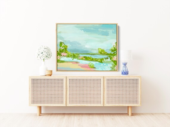 Coastal Wall Art, Grandmillenial Wall Art, Large Framed Landscape Canvas Wall Art, Southern Wall Decor, Preppy Canvas Print, Abstract Print