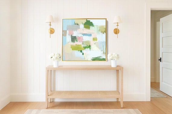 Bright Preppy Abstract Painting | Pink Green Extra Large Framed Wall Decor Canvas Art