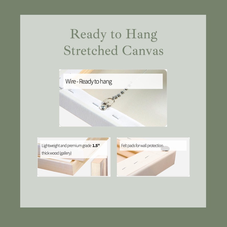 May include: Image of a stretched canvas with the text "Ready to Hang Stretched Canvas." Features include a wire for hanging, 3.8 cm thick wood, and felt pads for wall protection. The canvas is lightweight and premium grade.