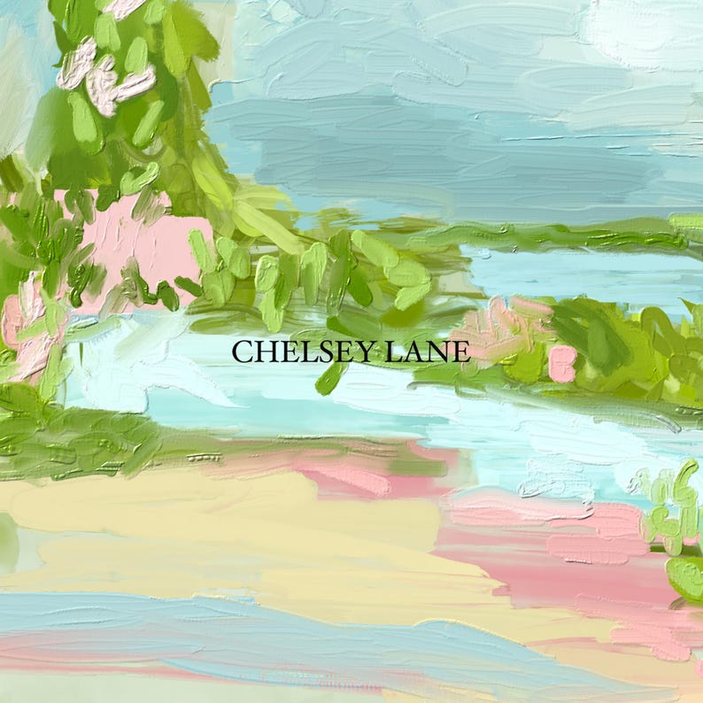 May include: Abstract painting with a light blue, green, and pink color scheme. The painting features a landscape with a river, trees, and a sky. The text "Chelsey Lane" is written in black text in the center of the painting.