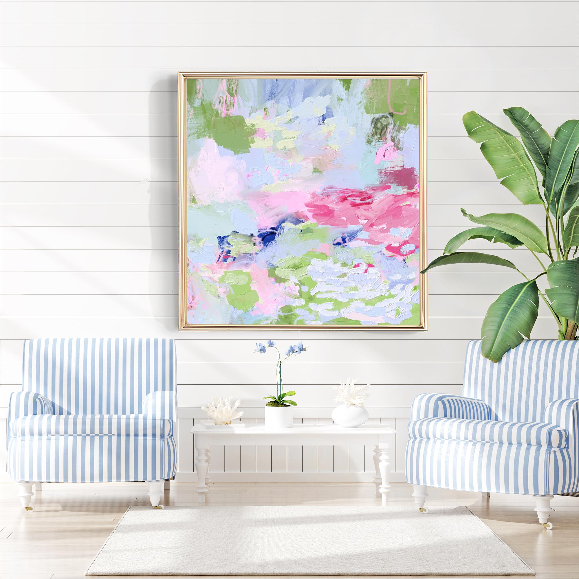 ピンクとブルーの抽象画：額入りキャンバスウォールアート - Etsy 日本