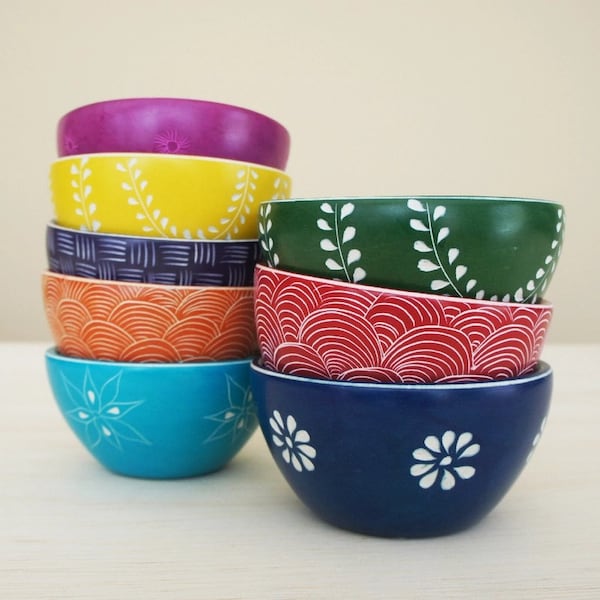 Two Pattern Bowl - Carved and Etched Dish - Handmade in Kenya - Fair Trade - Bright Decor - Woman Owned - Your Choice of Color