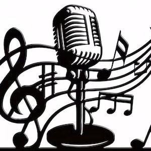 Peut inclure: Pièce d'art en métal noir représentant un microphone vintage, des notes de musique et une clé de sol. La conception comprend un microphone sur pied, avec des notes de musique et une portée qui l'entoure. La pièce est une silhouette sur fond blanc.
