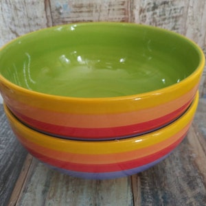 BREAKFAST BOWL 15cm set of 2 Rainbow Stripe ceramic pottery Fair trade made in Thailand