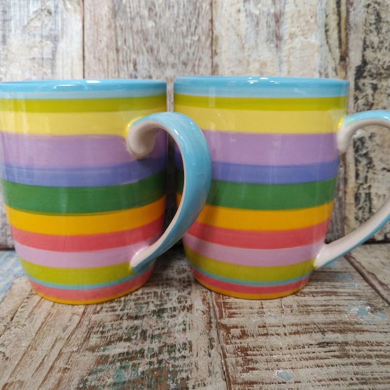 Windhorse Set Of 4 Rainbow Striped 10cm Ceramic Mugs (Hoops - Tall