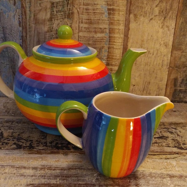 TEAPOT & MILK JUG , Fair trade ,Rainbow Stripe hand painted and produced in Thailand
