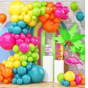141 Pcs Summer Tropical Balloon Arch Garland Kit, Hot Pink Lime Green Orange Slate Blue Yellow Latex Rainbow Balloon Garland Kit