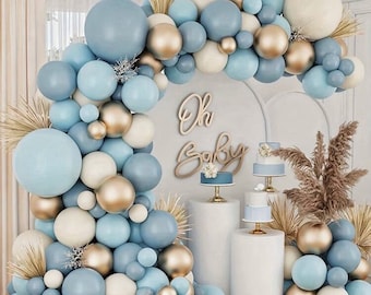 Dusty Baby Blue Balloons Balloon Arch Garland Kit,Sand White Metallic Gold Dusty Slate Fog Baby Blue Balloons for Boy Baby Shower Bridal