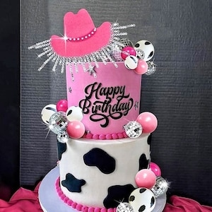 Cowgirl Cake Topper Hot Pink Girl Cake Decoration Shiny Cowgirl Hat Disco Balls for Western Theme Party Cowgirl Birthday Party Supplies