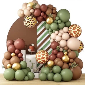 Green Brown Balloons Arch Safari Jungle Balloons Kit 125Pcs Sage Green Gold Balloons with Animal Print Balloons