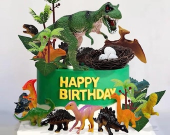 Dinosaurier Cake Topper Set – 4-teilige Geburtstagskuchen-Deko Mit Grünen Blättern & Dino-Motiven