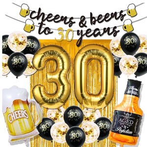 30th Birthday Decorations for Him, 30 Birthday Decorations with 40 Inch Gold 30 Number Balloons, Cheers to 30 Years Banner,Fringe Curtains