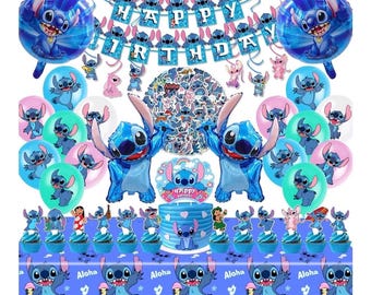 Stitch Feestartikelen, 103-delige verjaardagsdecoratieset inclusief banner, ballonnen, stickers, hangende wervelingen, cake-cupcaketoppers, tafelkleed