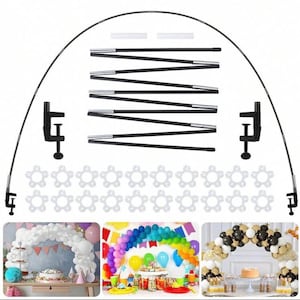 Puede incluir: Un kit de arco de globos negro con un arco flexible, abrazaderas y anillos de plástico blanco. El kit incluye instrucciones para ensamblar el arco. La imagen muestra tres ejemplos de arcos de globos decorados con diferentes colores y estilos de globos.